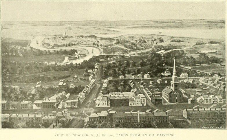 View of Newark, N. J., in 1790, taken from an old oil painting / Ansicht von Newark, N. J., 1790, von einem alten lgemlde